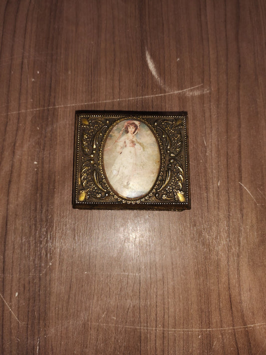 Vintage Ornate Metal Cameo Brass Trinket Jewelry Box  Red Velvet Lined