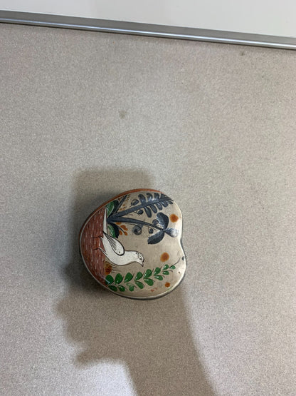 Bird Heart Shape Clay Box Hand Painted Burnished by Medrano Mexican Folk Art