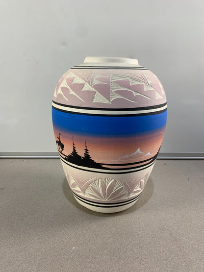 Vintage Etched Pastel Art Pottery Vase Signed S. Dineh Native American Navajo