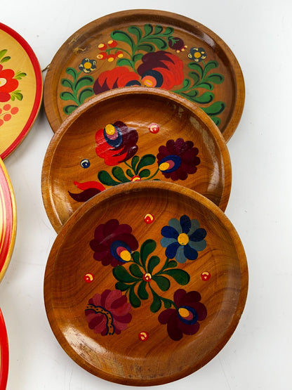 Vintage Wooden Wall Hanging Plate - Hand Painted Folk Art - Floral - Set of 6