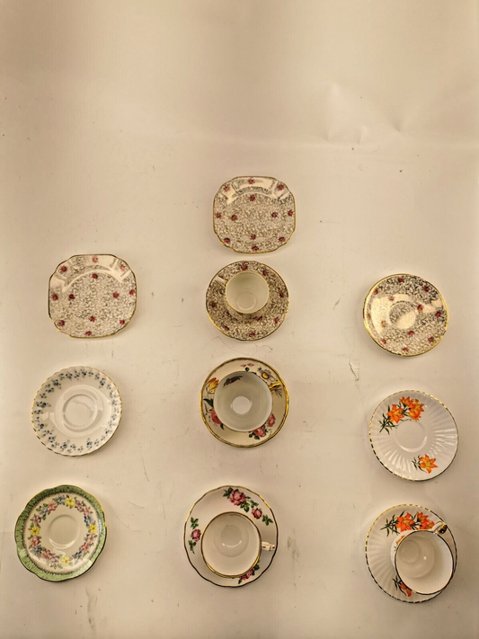 Assorted bone china set 4 cups and 10 saucers. Made in England/Japan/China