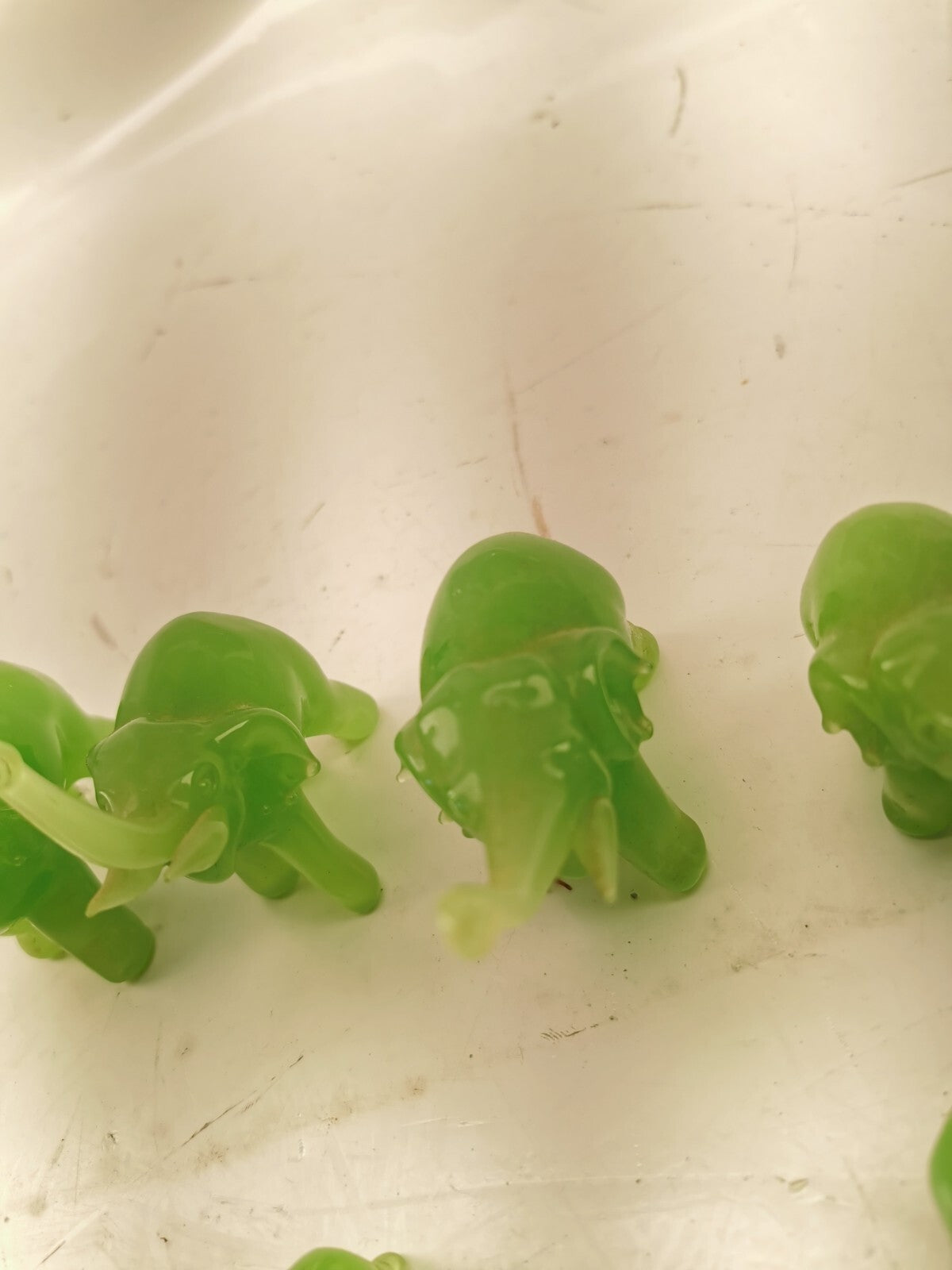Vintage Green Glass Elephant Group Sculptures Set of 7