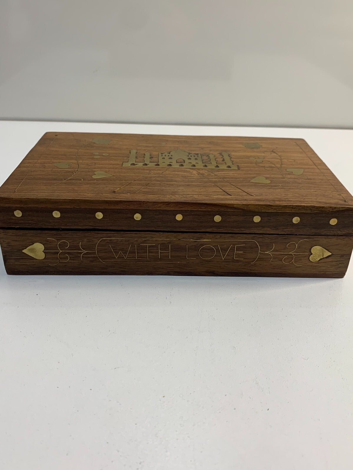 Vintage Carved Wood Jewelry Box with Taj Mahal Gold Inlay
