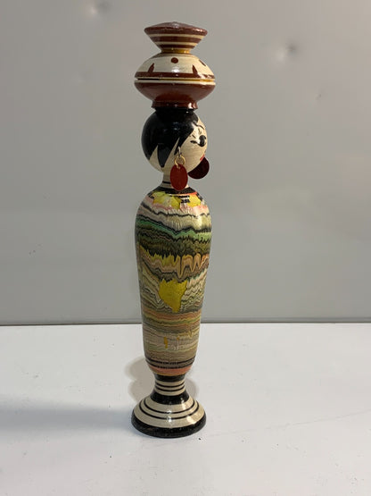 Wooden hand painted peg dolls basket on head earrings ethnic tribal