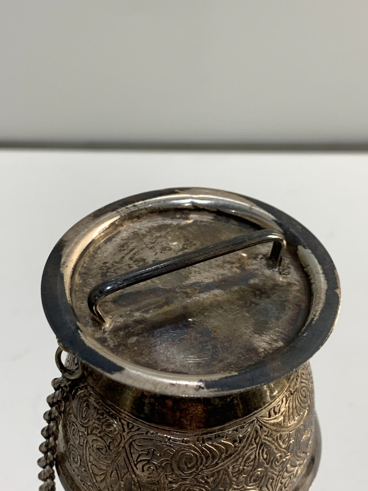 Egyptian solid silver miniature amphora with stand and lid.