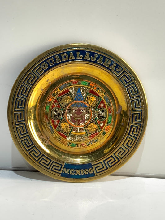 Vintage Brass Souvenir Plate Colorful Tribal Aztec Mexican Wall Hanging Art