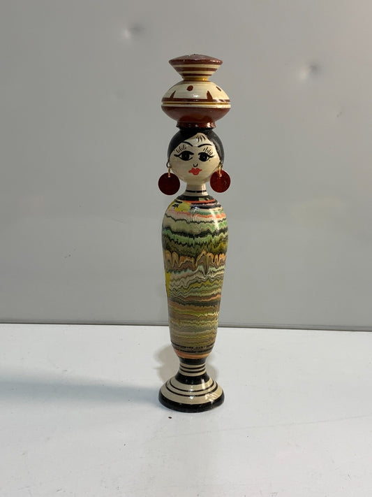 Wooden hand painted peg dolls basket on head earrings ethnic tribal