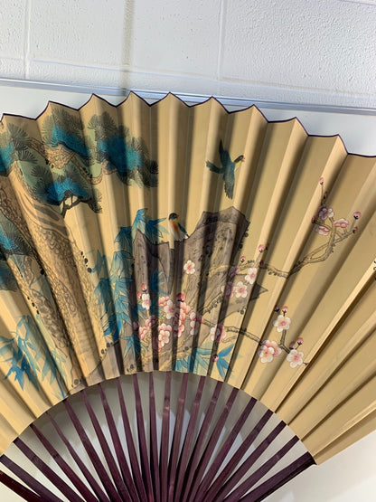 Vintage Large Chinese Wall Art Fan Landscape Birds Plum Blossoms Hand Painted