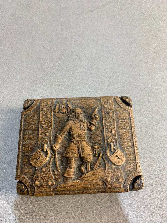 Vintage Hand Carved Lidded Soapstone Trinket Box with Peg Leg Pirate Design