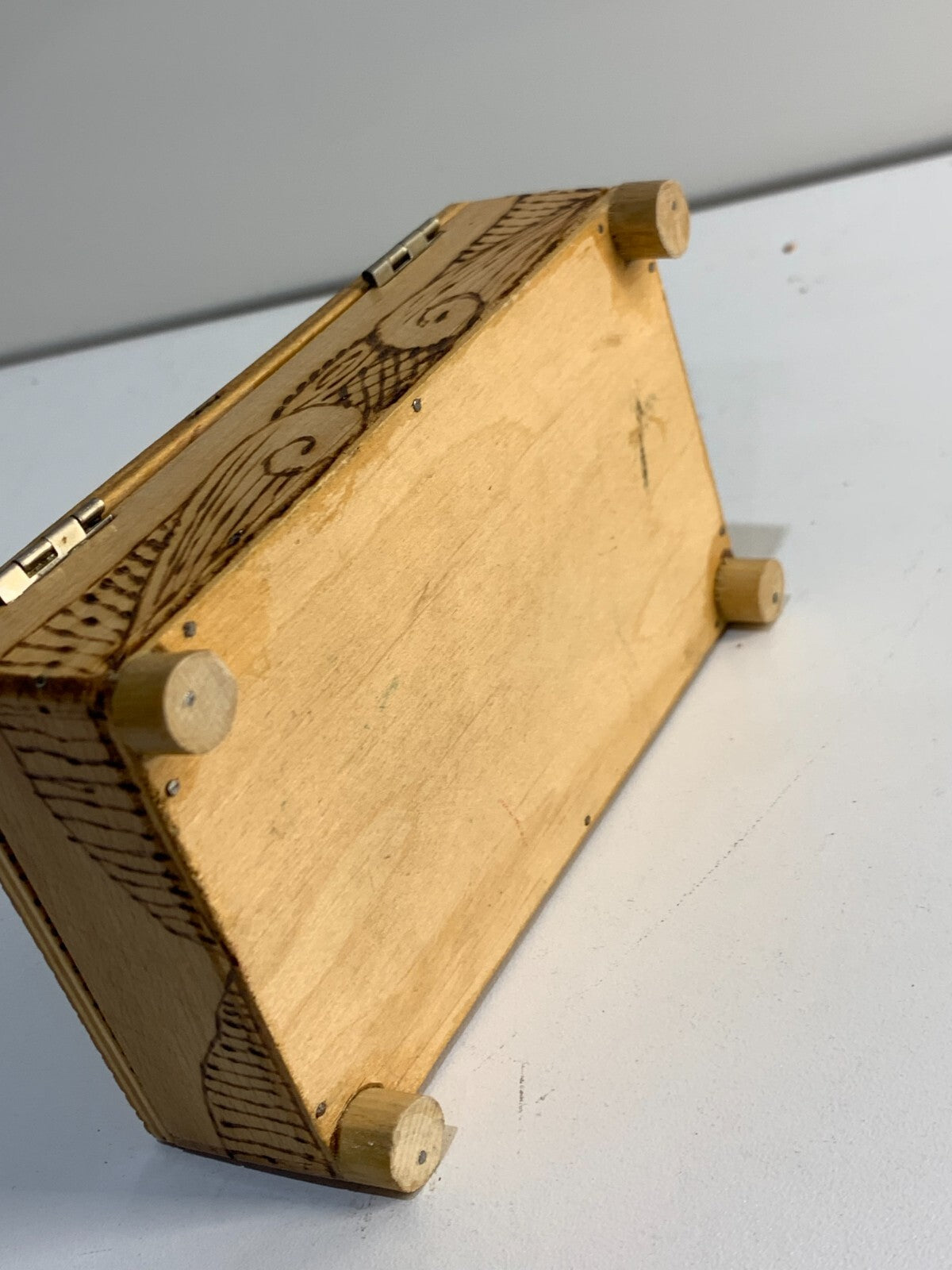 Antique Wooden Box with Hinged Lid, has a beautiful art on top.