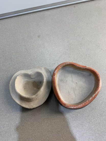 Bird Heart Shape Clay Box Hand Painted Burnished by Medrano Mexican Folk Art