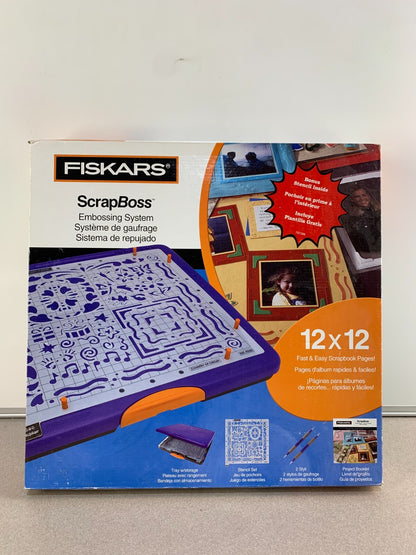 Fiskars 12x12 ScrapBoss Embossing System. Tray, Stencil Set, Styli, Booklet