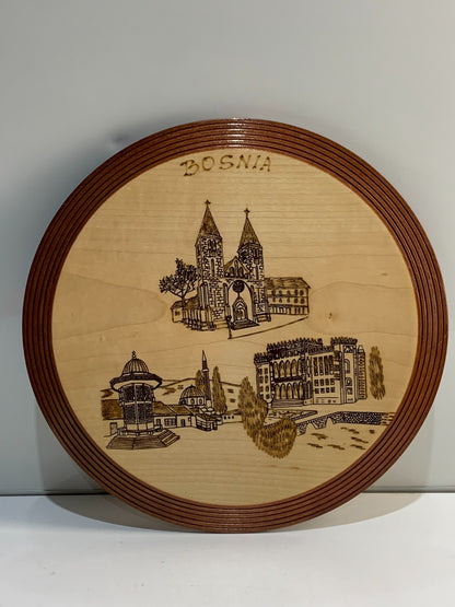 Bosnian covered wooden dish pyrography wall plaque