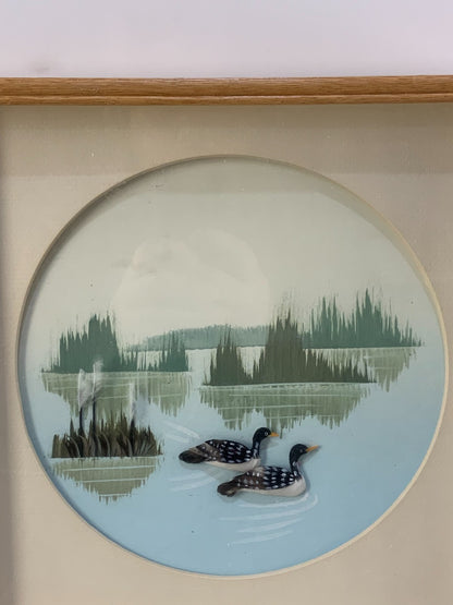 Vintage Feather Art Birds Picture 3D Shadow Box 10 inches Matted Framed