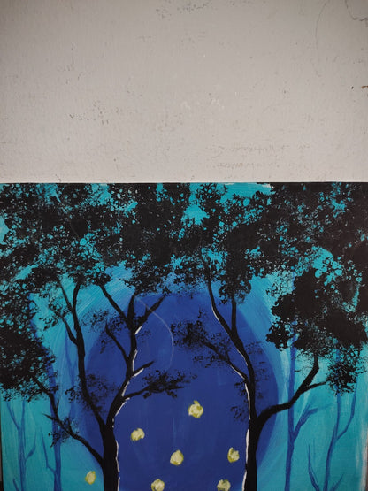 Hand Painted Acrylic Stretch Canvas Painting - 14" X 11" - Dark Night In Jungle