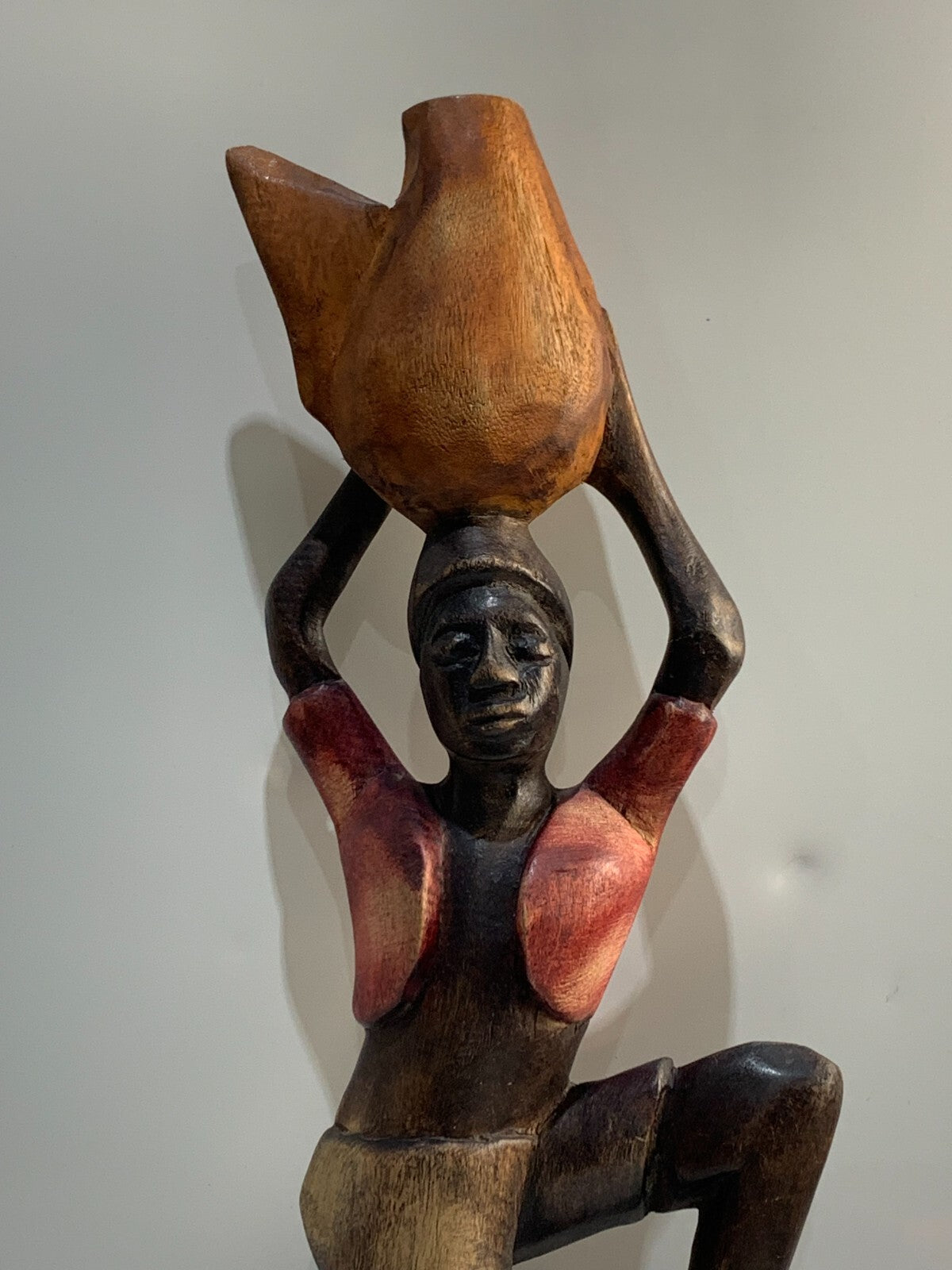 Vintage Hand Carved Wood Figure of Kneeling African Native Woman Holding Basket