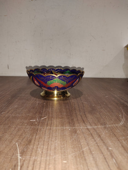 Vintage Indian Etched Brass Metal Flower Pedestal Red Bowl Trinket Dish