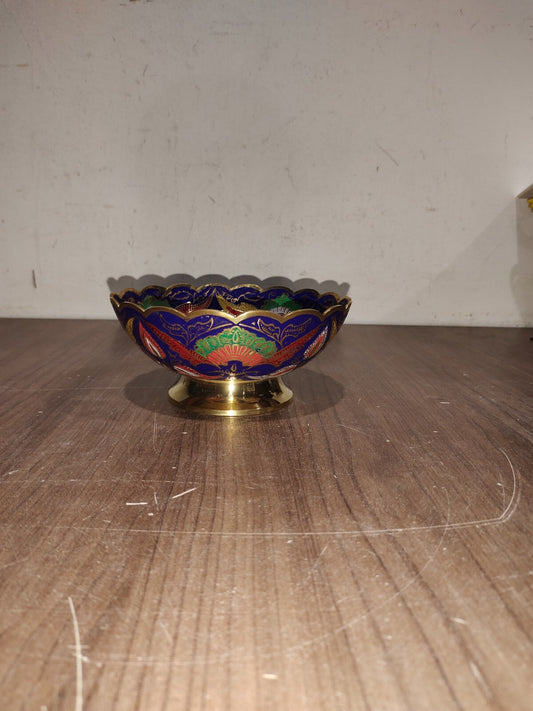 Vintage Indian Etched Brass Metal Flower Pedestal Red Bowl Trinket Dish