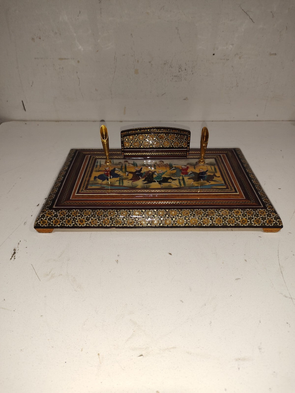 VTG Handcrafted Wooden Inlaid Persian Khatam Scene Organizer 2 Pen Holder