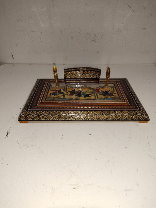 VTG Handcrafted Wooden Inlaid Persian Khatam Scene Organizer 2 Pen Holder
