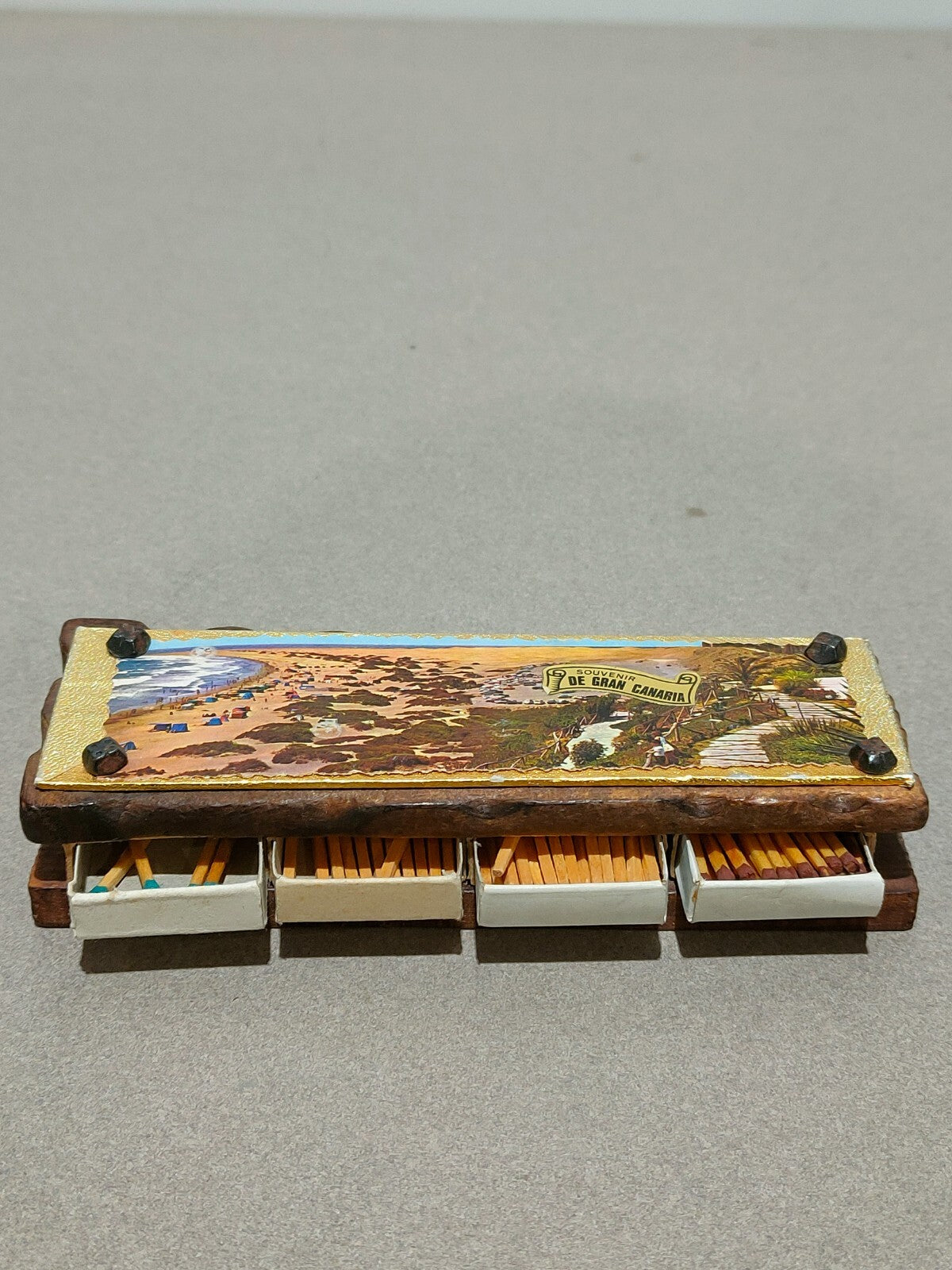 Vintage Beautifully Crafted Wooden Matchbox Holder Box SOUVENIR DE GRAN CANARIA