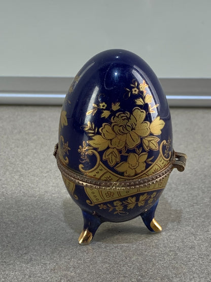 Floral AKM Vintage Porcelain Blue Egg Footed Trinket Box