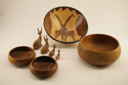 African Wood Bowl set Round Hand Carved Dish