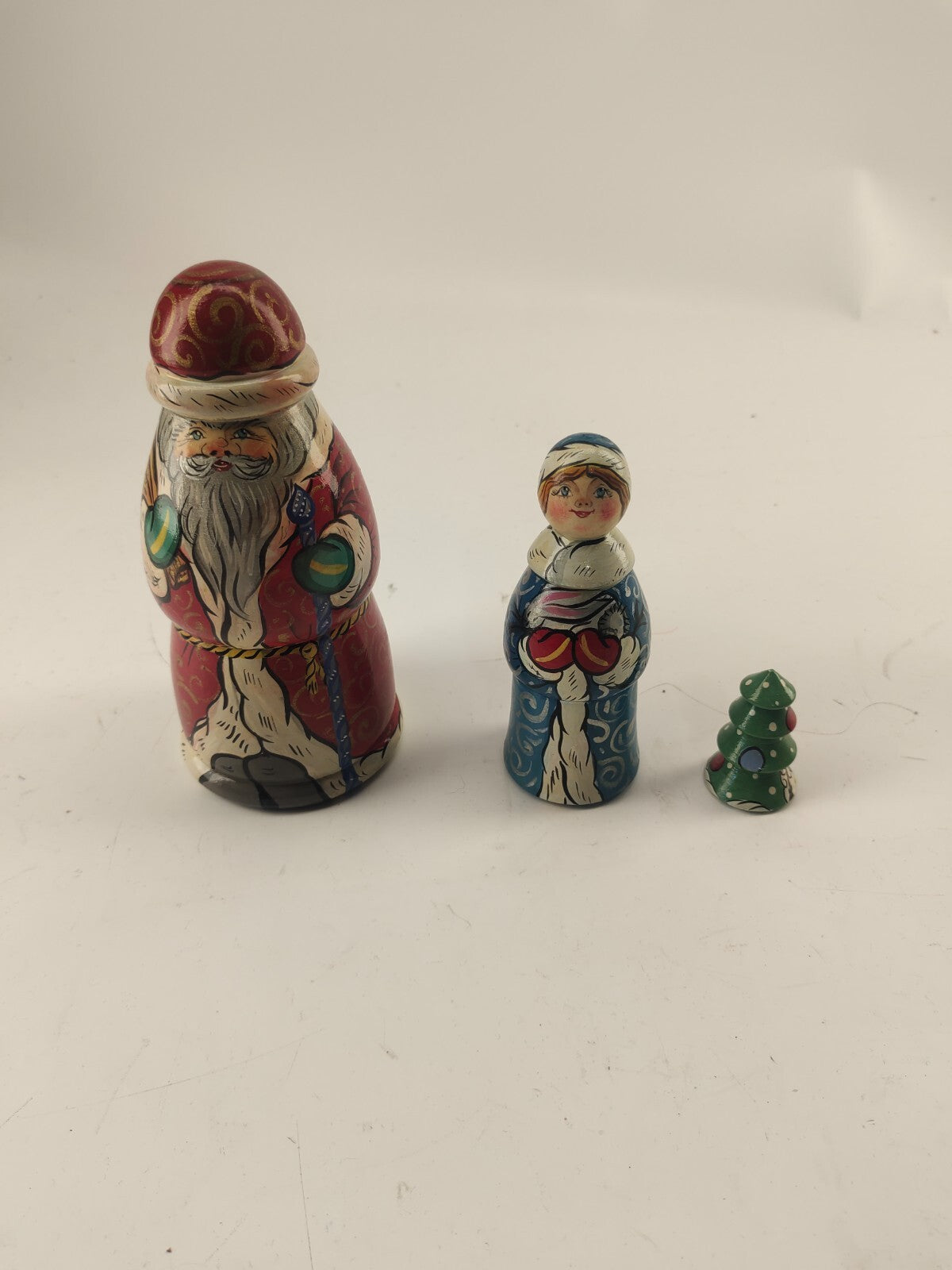 Vintage Russian  Hand Painted Set of 3 Nesting Dolls Santa