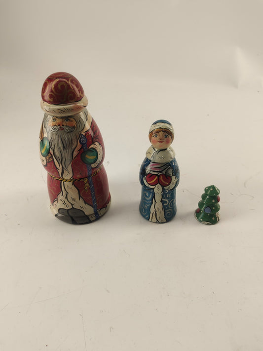 Vintage Russian  Hand Painted Set of 3 Nesting Dolls Santa
