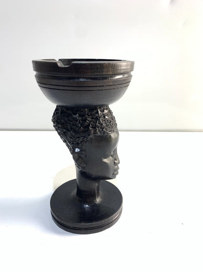 Vintage Wooden Head African Tribal Art Ashtray Hand- Carved Solid Wood
