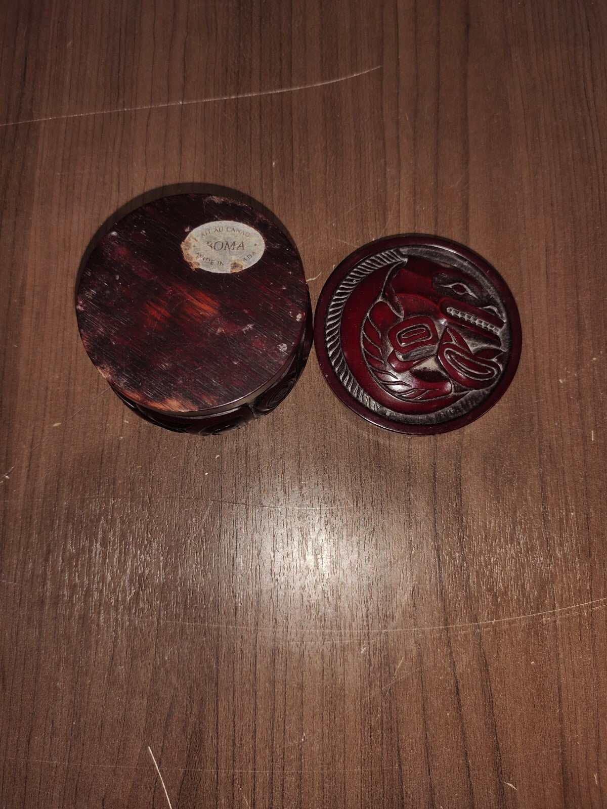 BOMA CANADA CARVED RESIN IN CHERRY WOOD TRINKET BOX WITH TRIBAL ART CARVINGS