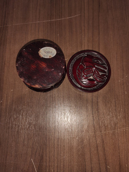 BOMA CANADA CARVED RESIN IN CHERRY WOOD TRINKET BOX WITH TRIBAL ART CARVINGS
