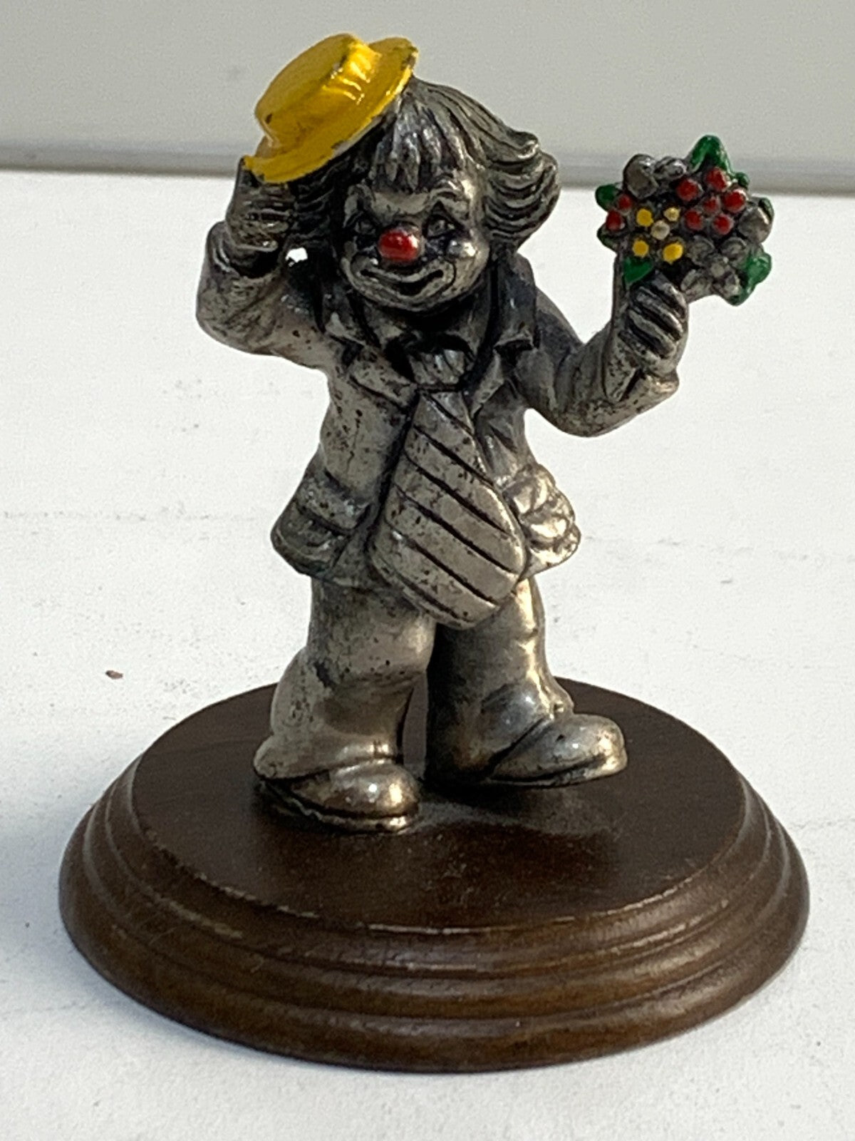 Vintage George Good Cast Pewter Clown On Wood Base With Flowers