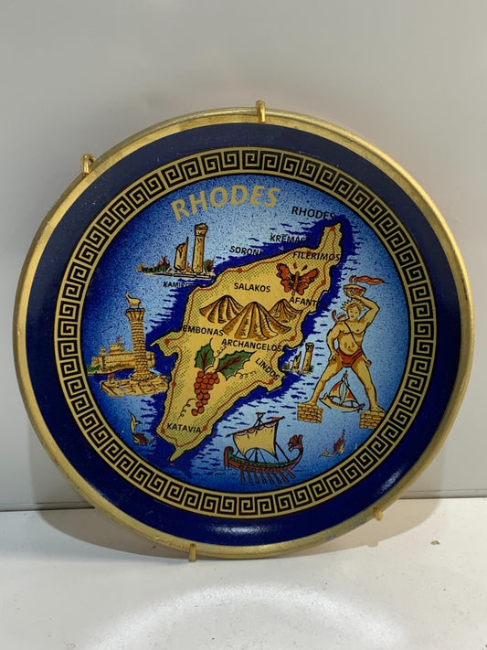 Vintage Souvenir Pottery Wall Plate Decor Hand Painted Rhodes made in Greece