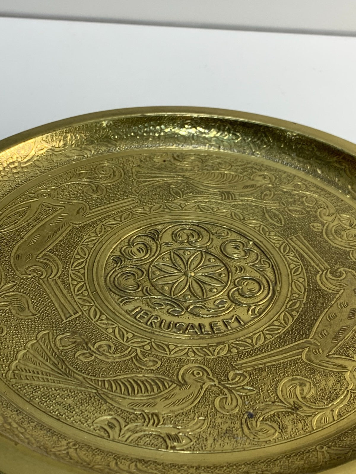 Vintage Brass Plate with Jerusalem & Nice Flower Inlay Work Kitchen