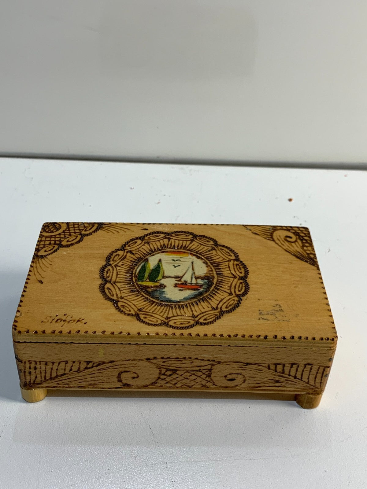 Antique Wooden Box with Hinged Lid, has a beautiful art on top.