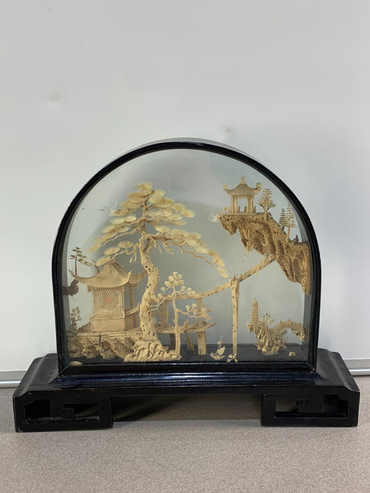 Vintage Chinese 3D Cork Carving Diorama Sculpture in Glass Case Pagoda Trees