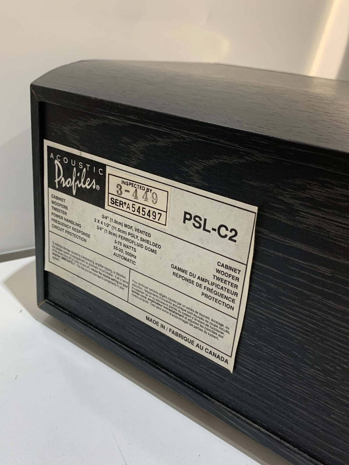 ACOUSTIC PROFILES PSL-C2 CENTER SPEAKER. MADE IN CANADA