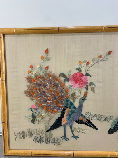 Chinese Silk Embroidered Peacock Flowers Asian Framed