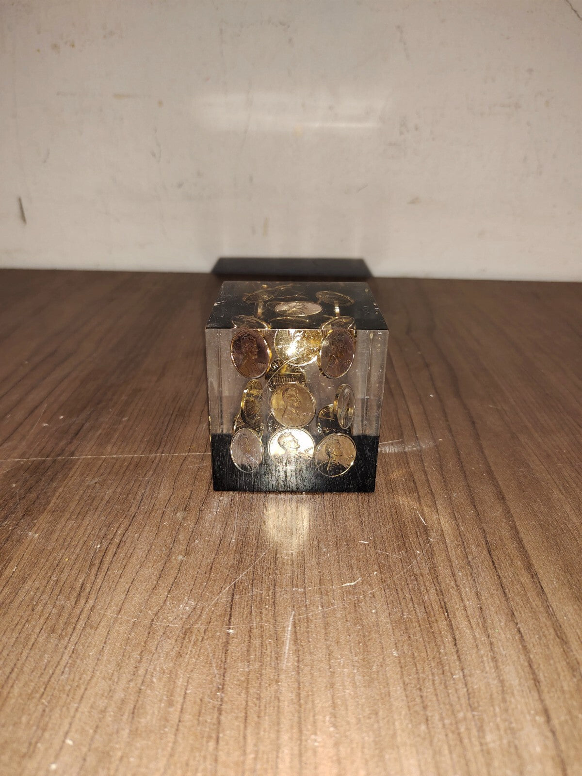 Vintage Acrylic Lucite Floating 1978 Pennies Penny Cube Square