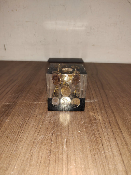 Vintage Acrylic Lucite Floating 1978 Pennies Penny Cube Square