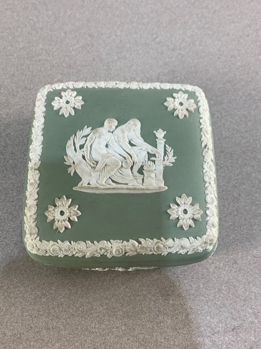 Wedgwood Cream on Celadon Jasperware Square Box with Lid Aesculapius Design
