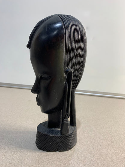 Ebony Wood Bust Carved African Art Tribal Warrior Head Sculpture.