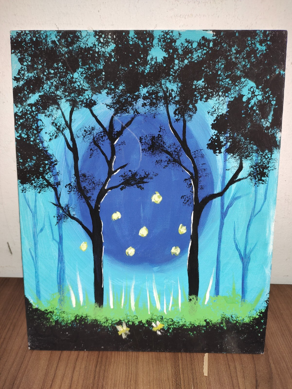 Hand Painted Acrylic Stretch Canvas Painting - 14" X 11" - Dark Night In Jungle