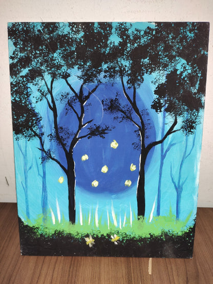 Hand Painted Acrylic Stretch Canvas Painting - 14" X 11" - Dark Night In Jungle