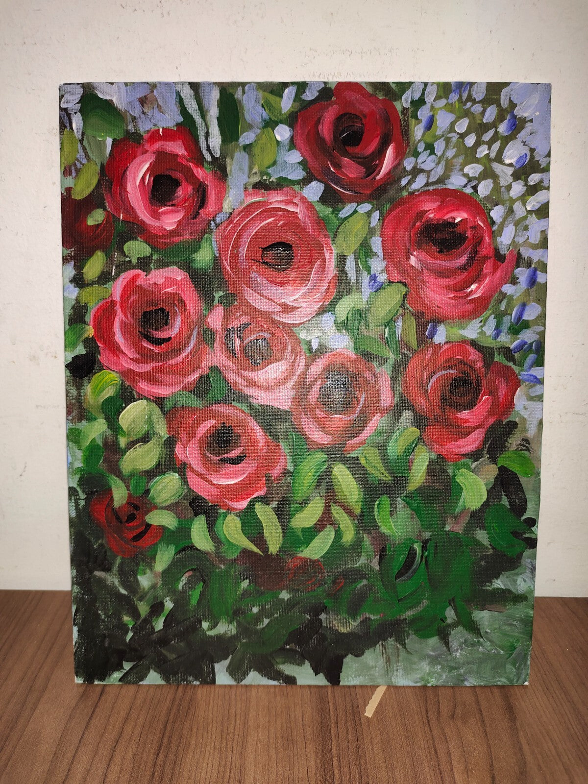 Hand Painted Acrylic Stretch Canvas Painting - 14" X 11" - Roses and Plant