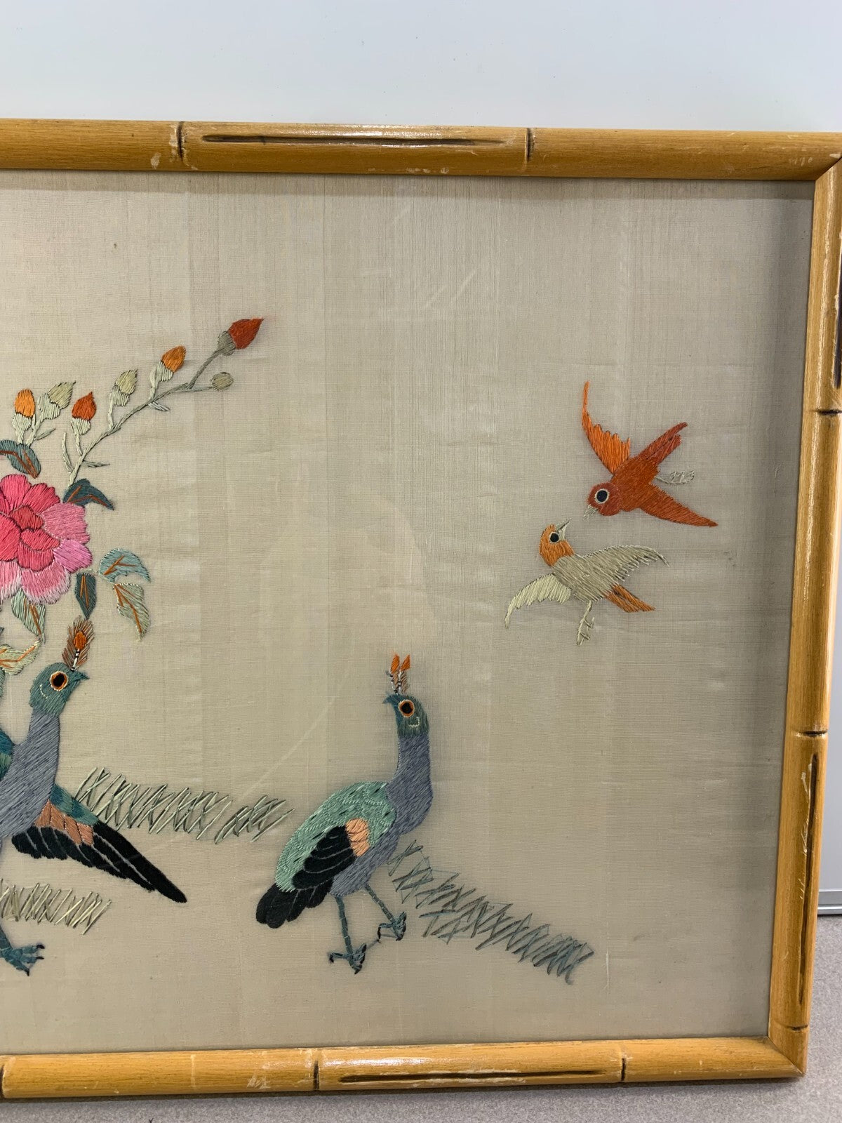 Chinese Silk Embroidered Peacock Flowers Asian Framed