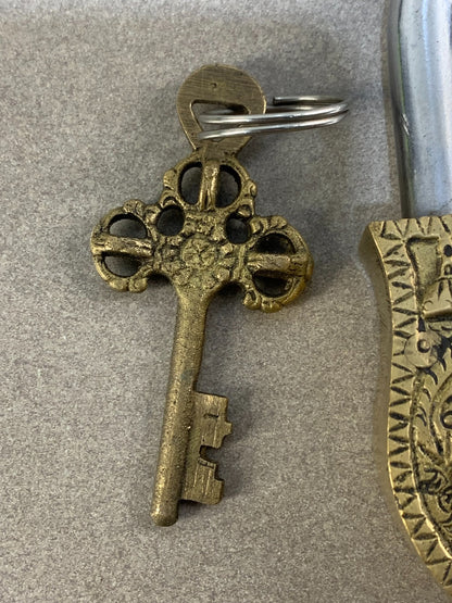 Brass Ganesh Design Decorative Lock Padlock Key Antique Collectible