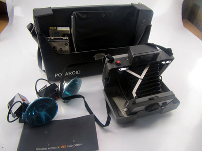 Vintage Polaroid Automatic 210 Land Camera with Case, Strap, Flash - Antique