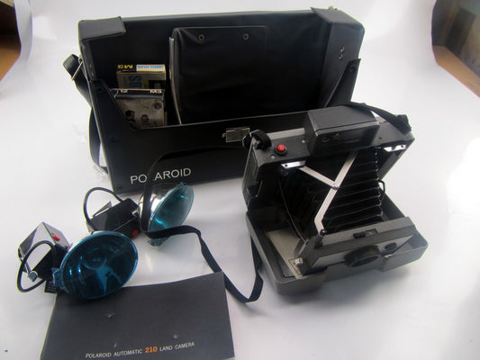 Vintage Polaroid Automatic 210 Land Camera with Case, Strap, Flash - Antique